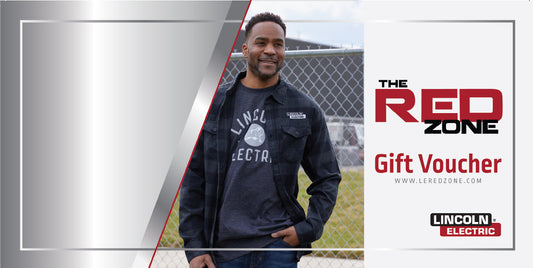 A promotional image featuring a person wearing a Lincoln Electric branded sweatshirt, standing in front of a branded backdrop, with the Lincoln Electric RedZone Gift Voucher logo and text.